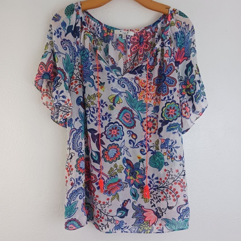 Milly Design Nation Bright Semi Sheer Floral Top L